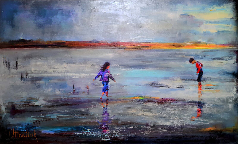 Children at the estuary painting by Olha Hnatiuk