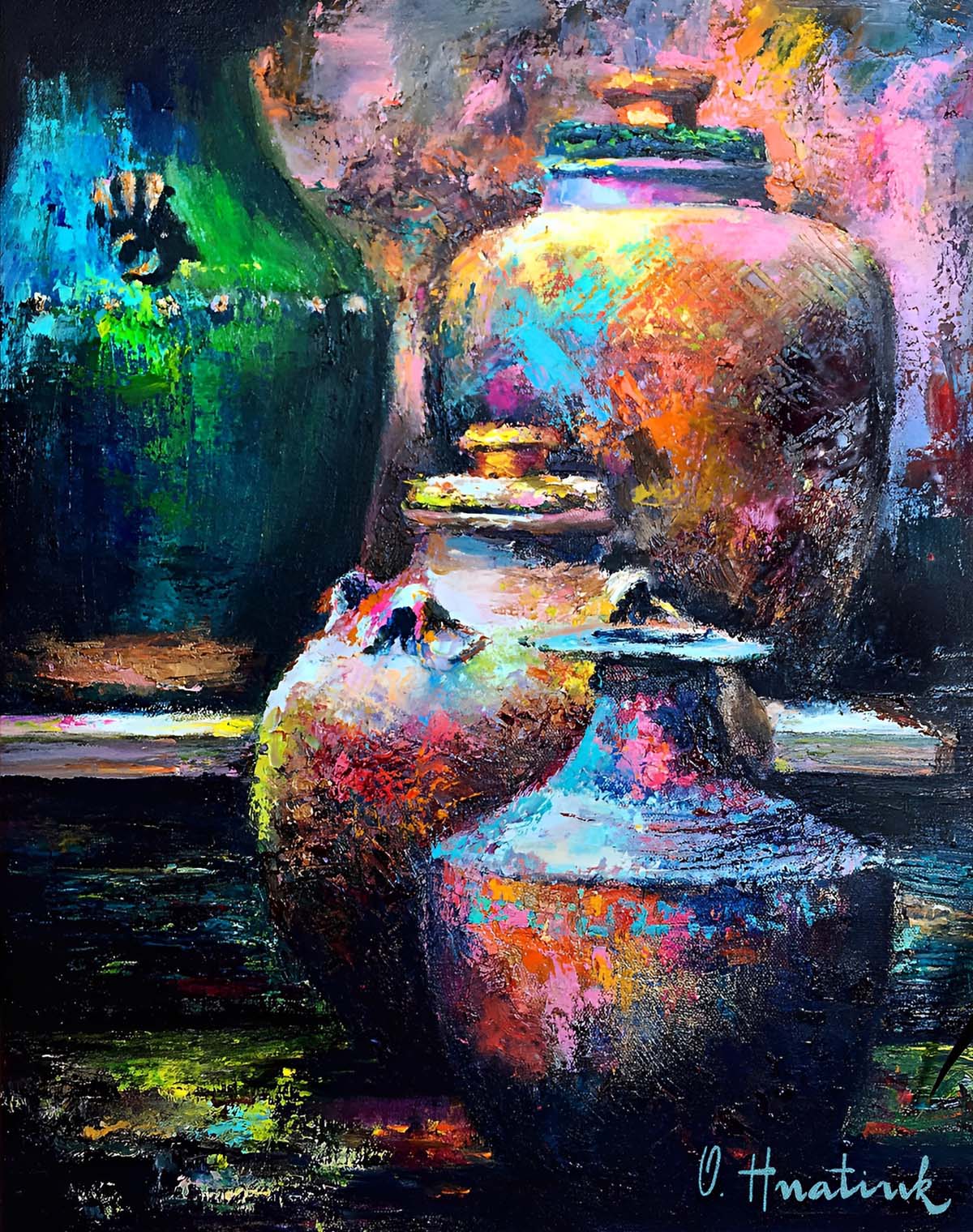 Colored pots painting by Olha Hnatiuk